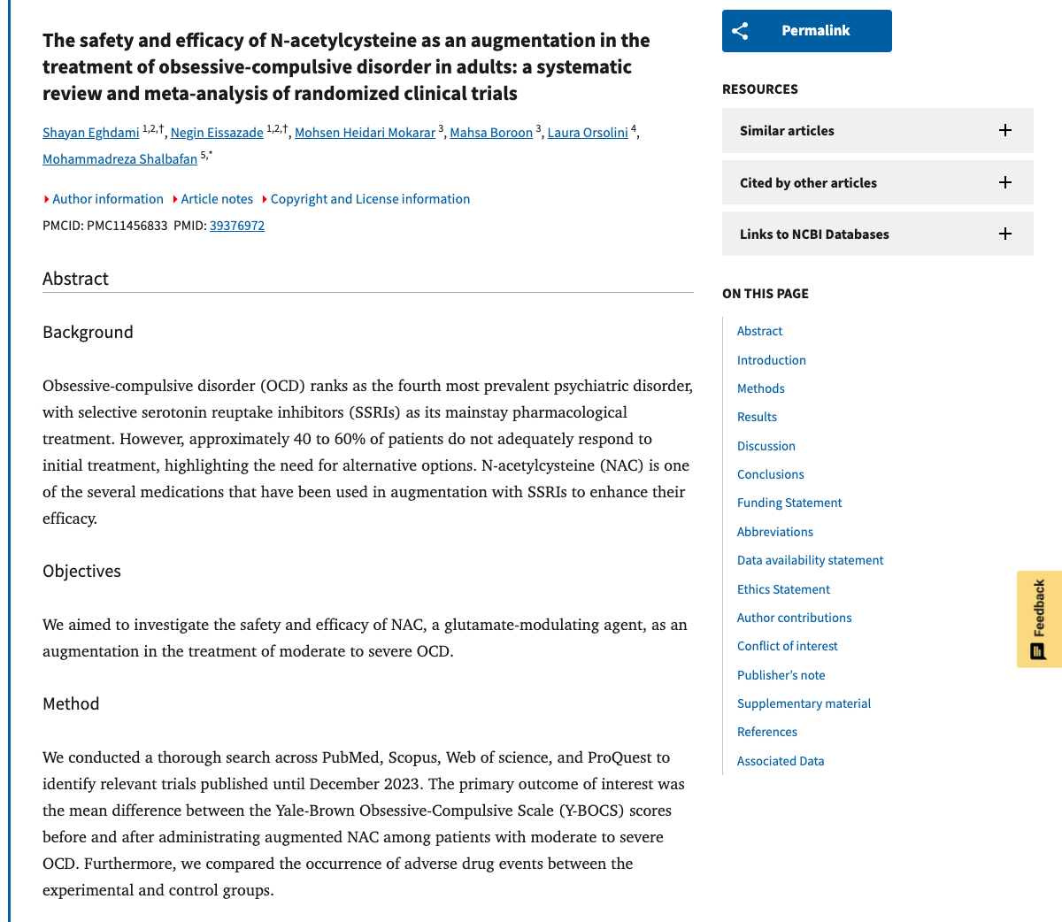 Title and abstract of The safety and efficacy of N-acetylcysteine as an augmentation in the treatment of obsessive-compulsive disorder in adults: a systematic review and meta-analysis of randomized clinical trials.