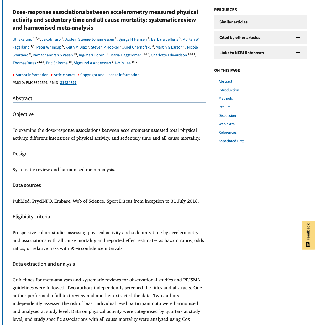 Title and abstract of Dose-response associations between accelerometry measured physical activity and sedentary time and all cause mortality