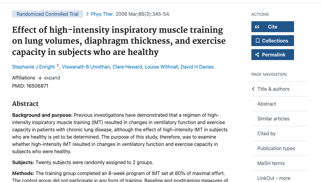 Title and abstract of Effect of high-intensity inspiratory muscle training on lung volumes, diaphragm thickness, and exercise capacity in subjects who are healthy