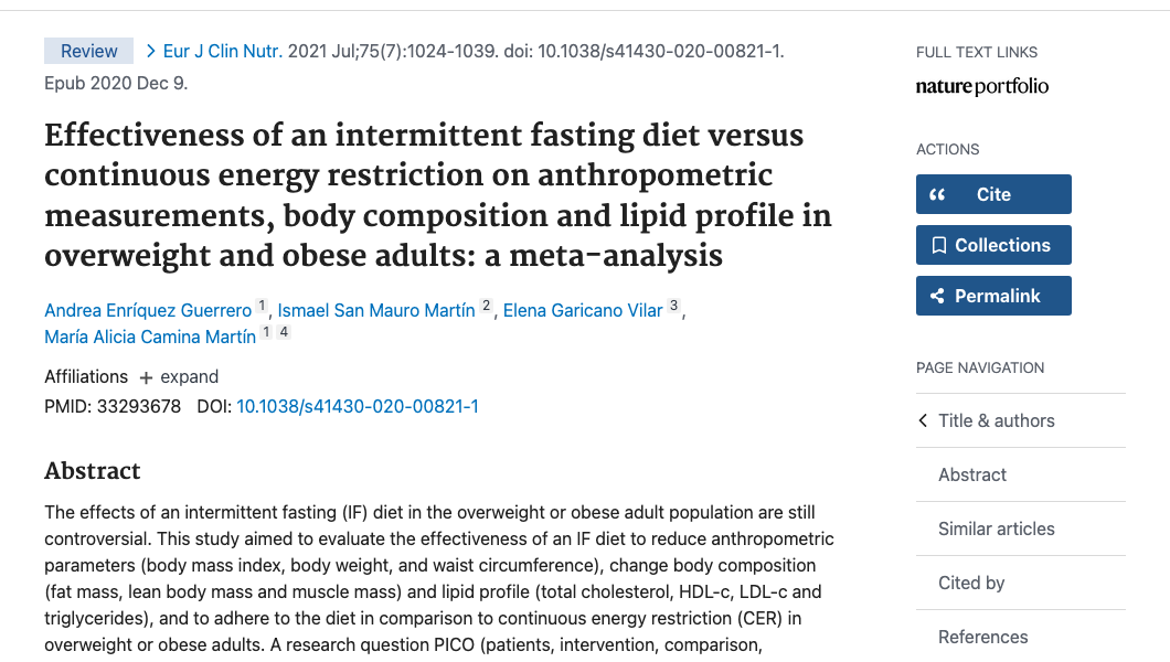 Title and abstract of Effectiveness of an intermittent fasting diet versus continuous energy restriction on anthropometric measurements, body composition and lipid profile in overweight and obese adults: a meta-analysis