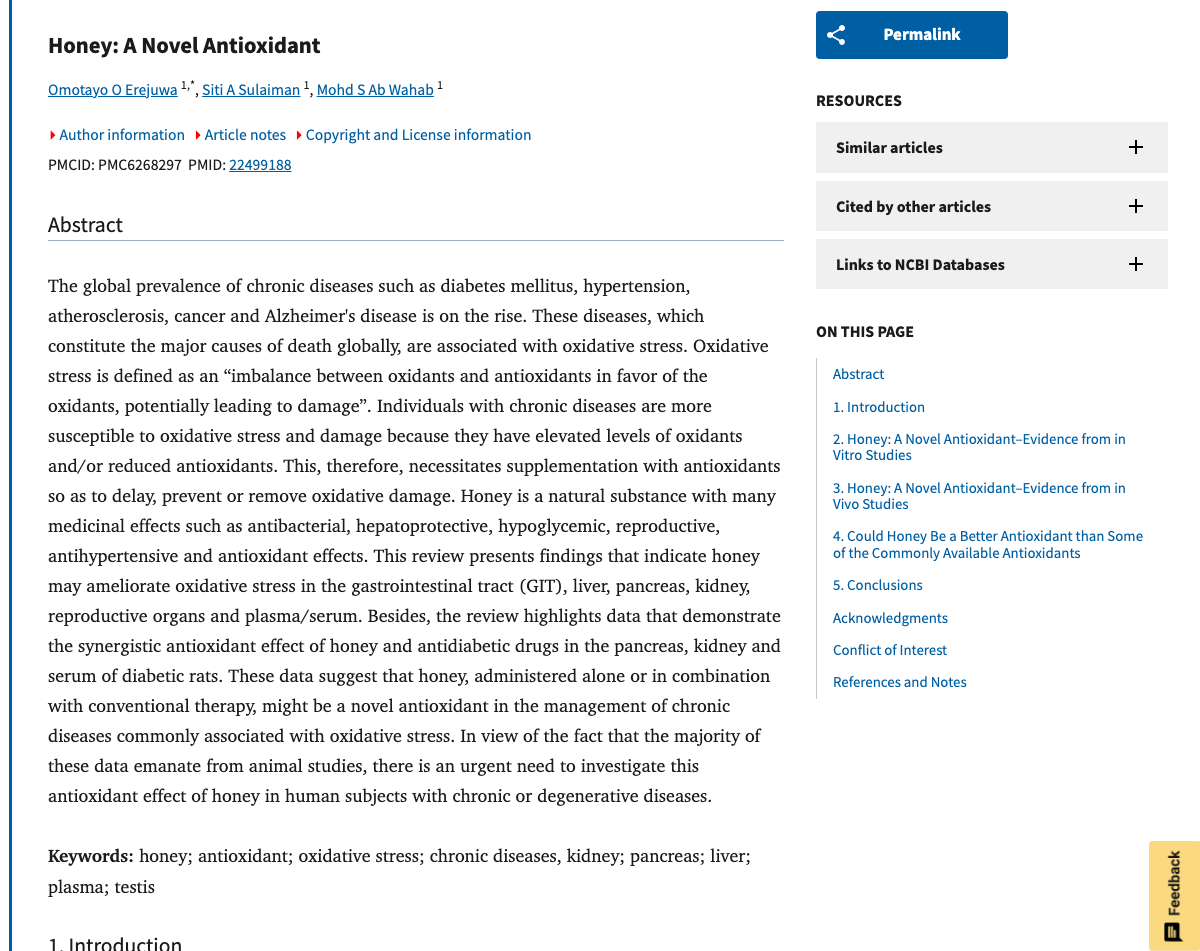 Title and abstract of Honey: a novel antioxidant