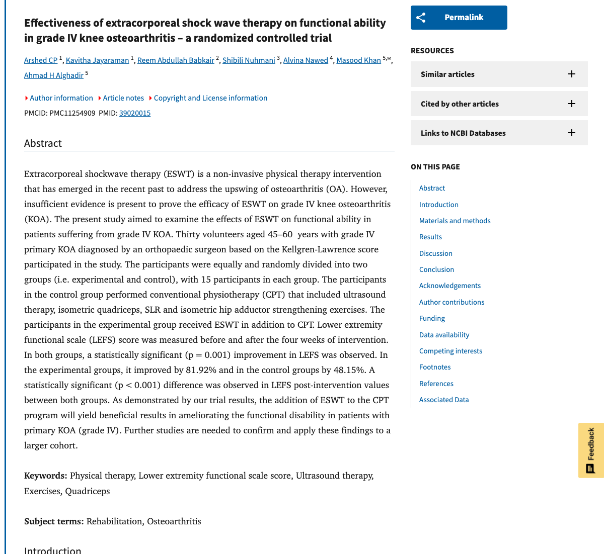 Title and abstract of Effectiveness of Extracorporeal Shock Wave Therapy on Functional Ability in Grade IV Knee Osteoarthritis
