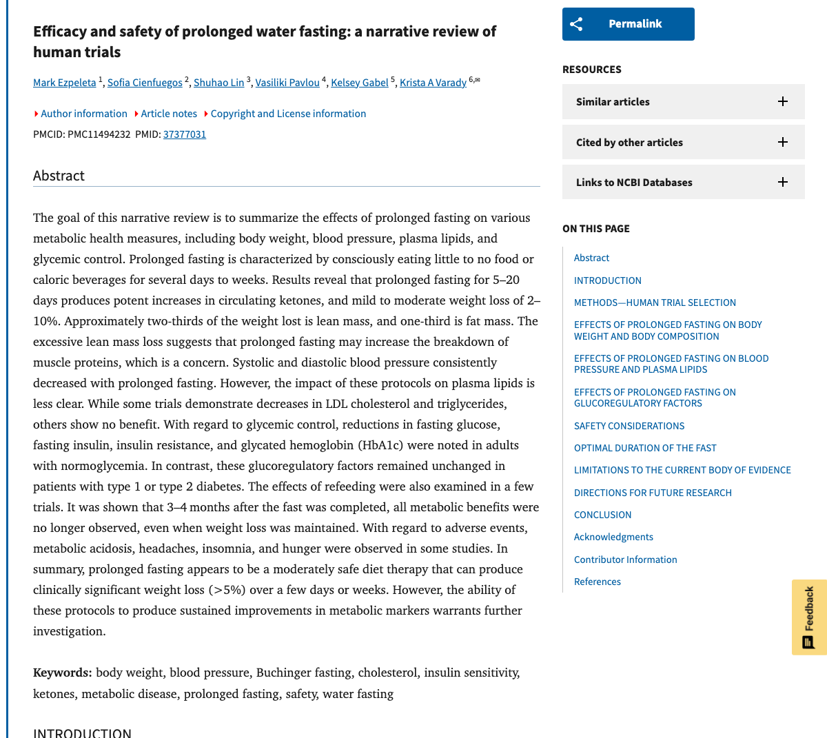 Title and abstract of Efficacy and safety of prolonged water fasting: a narrative review of human trials.