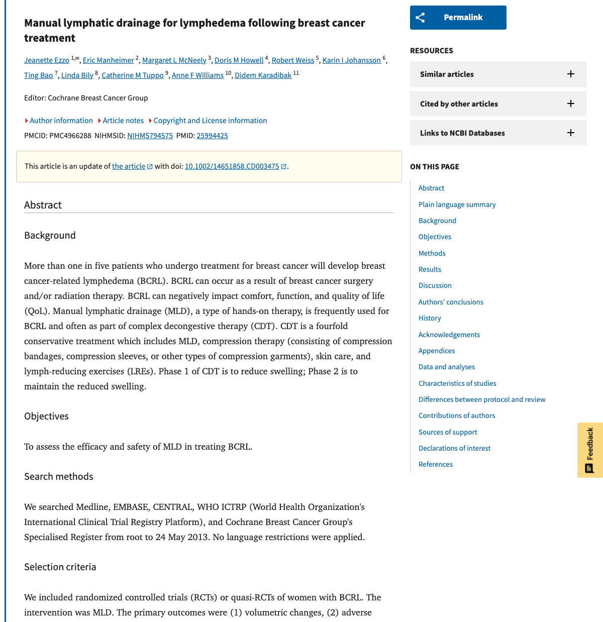Title and abstract of Manual Lymphatic Drainage for Lymphedema Following Breast Cancer Treatment