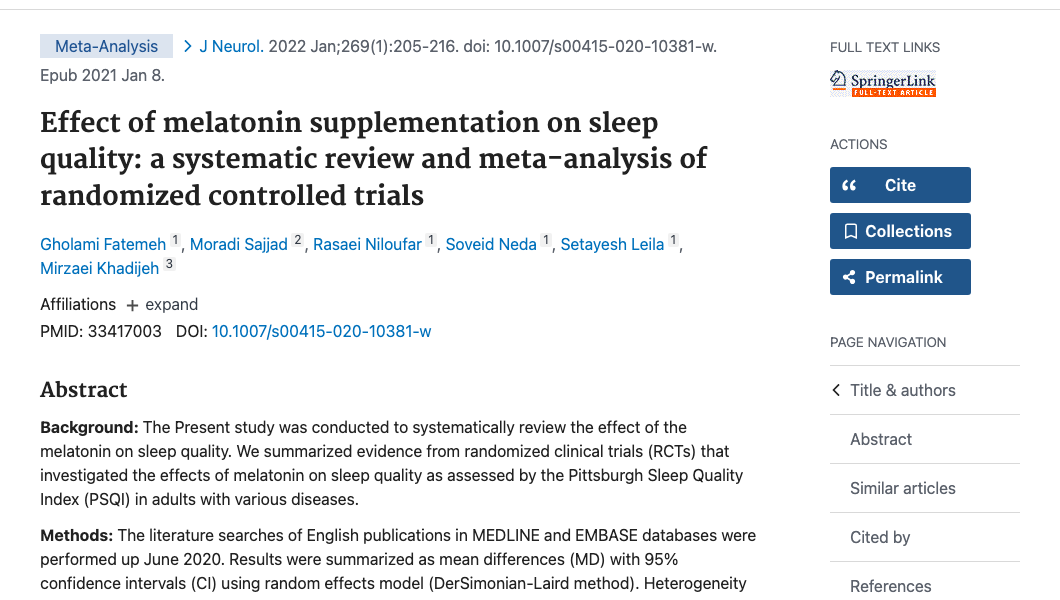 Title and abstract of Effect of melatonin supplementation on sleep quality: a systematic review and meta-analysis of randomized controlled trials.