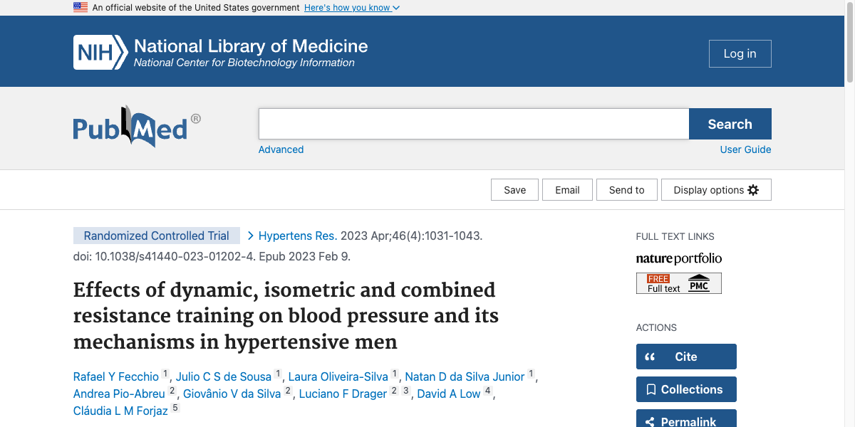 Title and abstract of Effects of dynamic, isometric and combined resistance training on blood pressure and its mechanisms in hypertensive men.