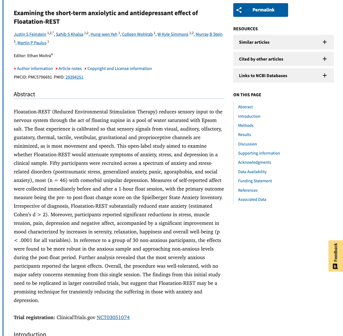 Title and abstract of Examining the short-term anxiolytic and antidepressant effect of Floatation-REST