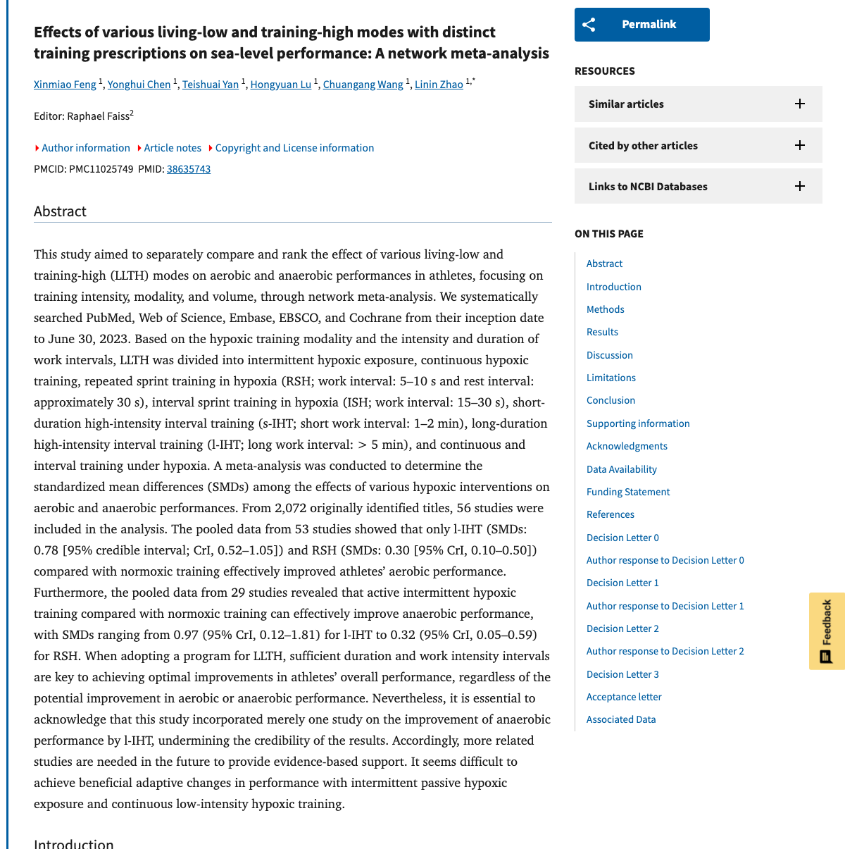Title and abstract of Effects of various living-low and training-high modes with distinct training prescriptions on sea-level performance: A network meta-analysis.