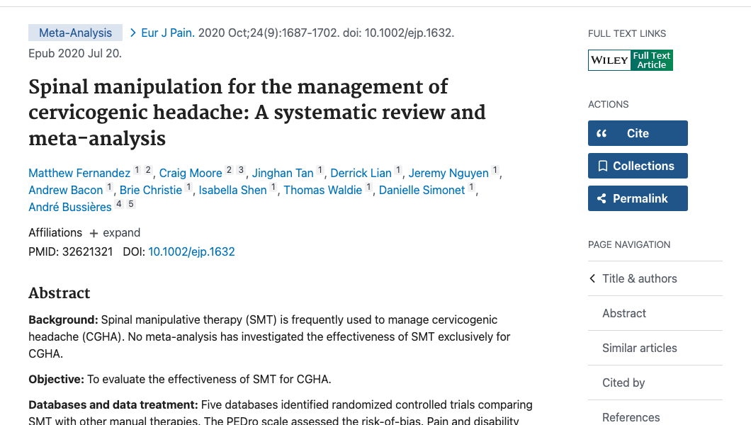 Title and abstract of Spinal manipulation for the management of cervicogenic headache: A systematic review and meta-analysis.