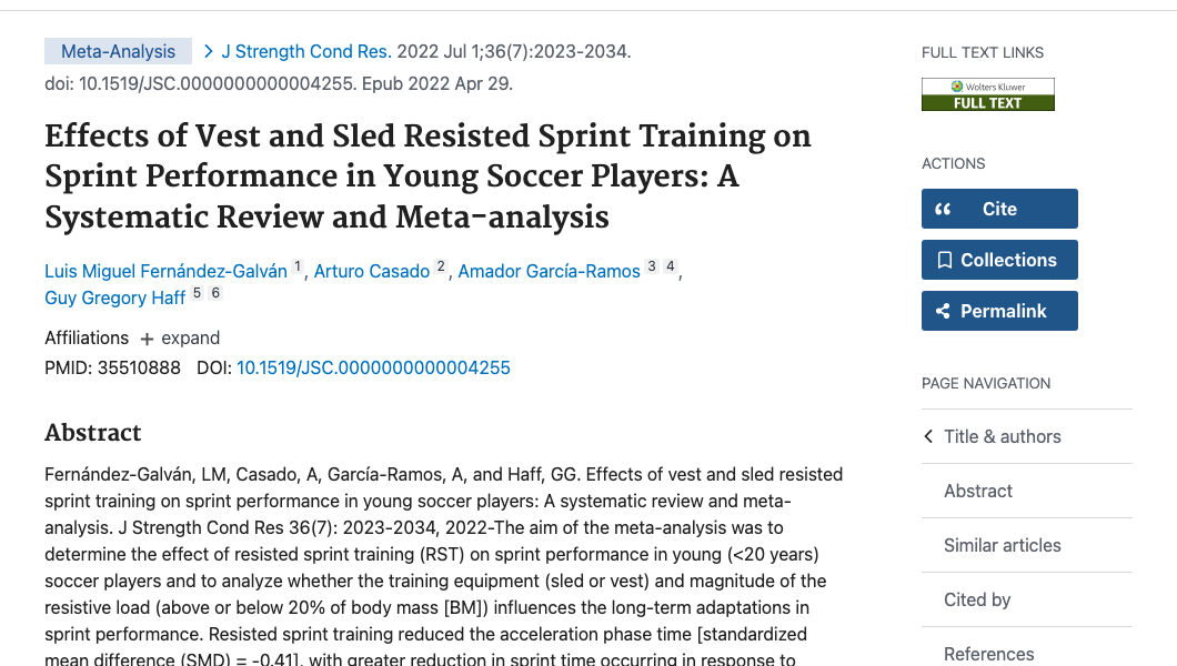 Title and abstract of Effects of Vest and Sled Resisted Sprint Training on Sprint Performance in Young Soccer Players: A Systematic Review and Meta-analysis.