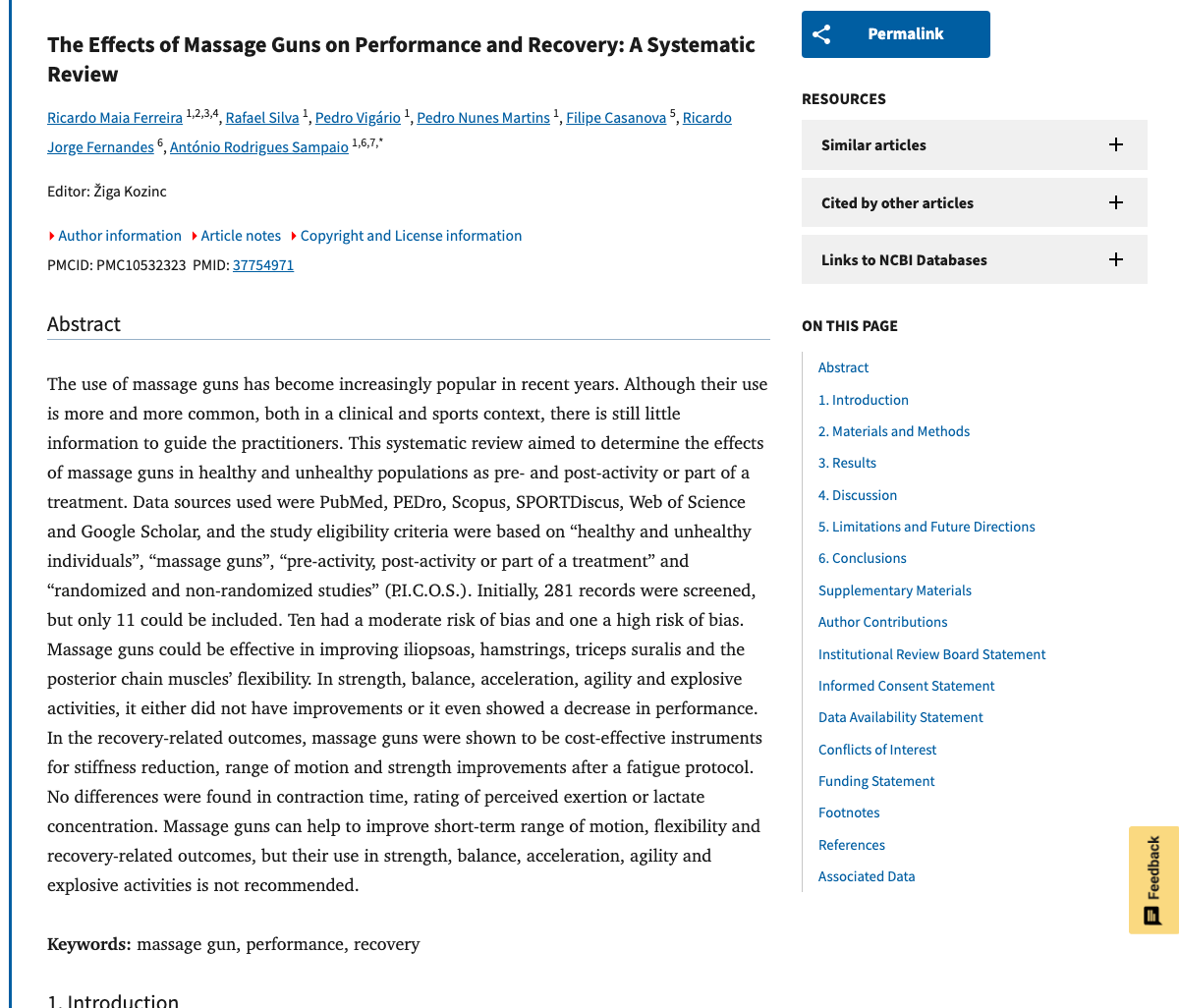 Title and abstract of The Effects of Massage Guns on Performance and Recovery: A Systematic Review.