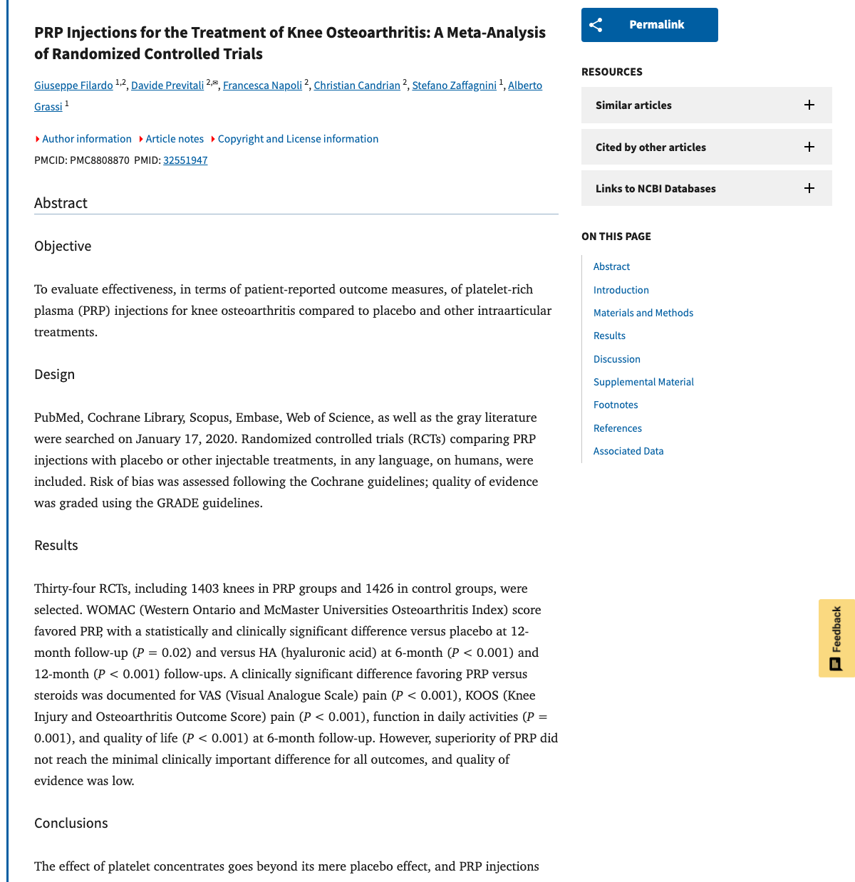 Title and abstract of PRP Injections for the Treatment of Knee Osteoarthritis: A Meta-Analysis of Randomized Controlled Trials