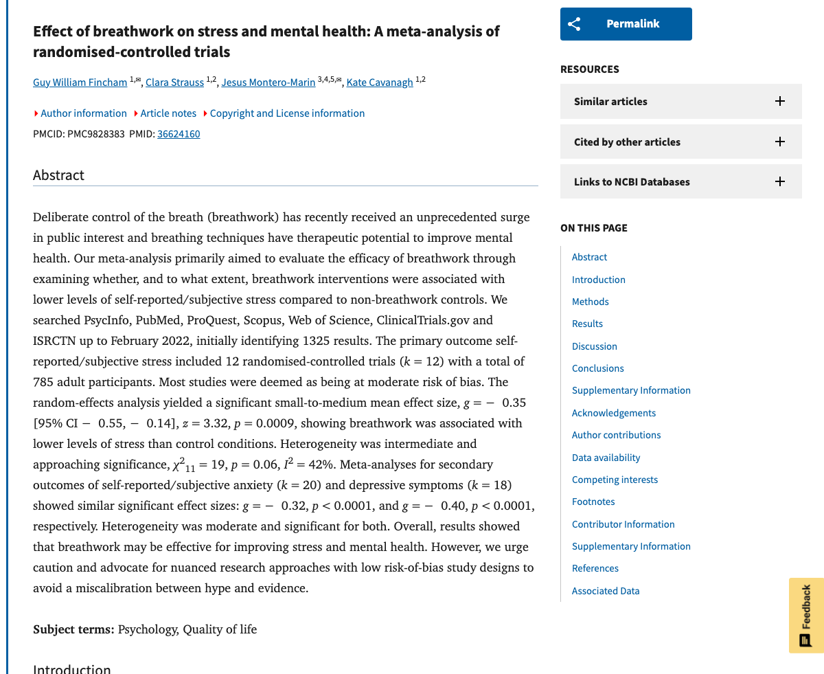 Title and abstract of Effect of breathwork on stress and mental health: A meta-analysis of randomised-controlled trials.