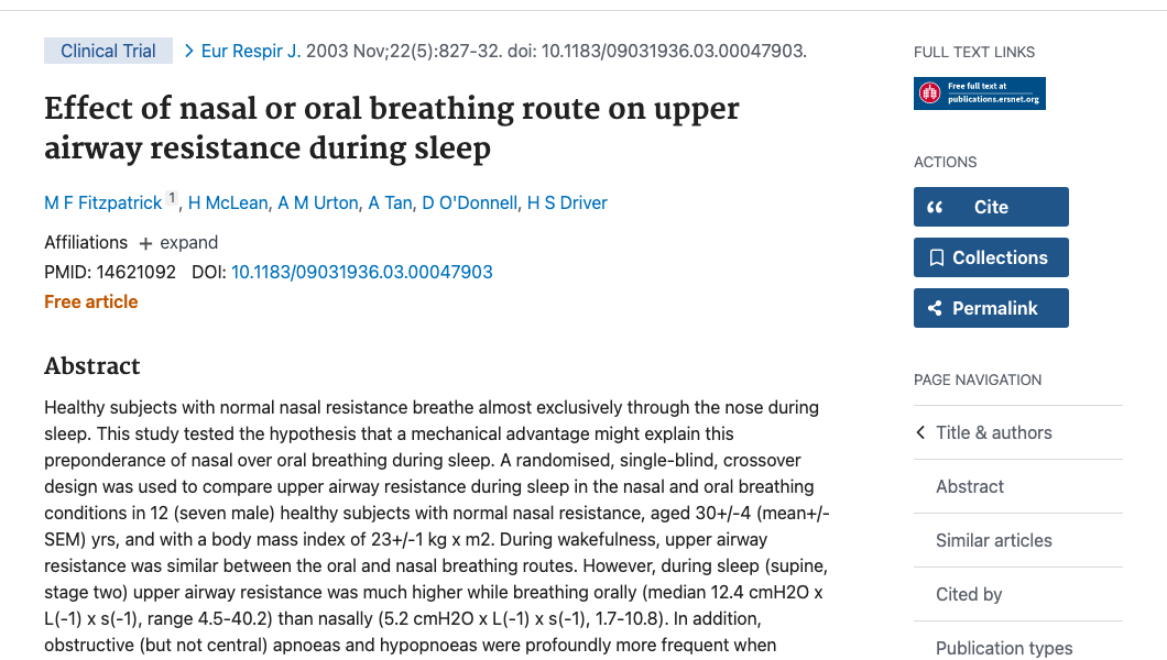 Title and abstract of Effect of nasal or oral breathing route on upper airway resistance during sleep.