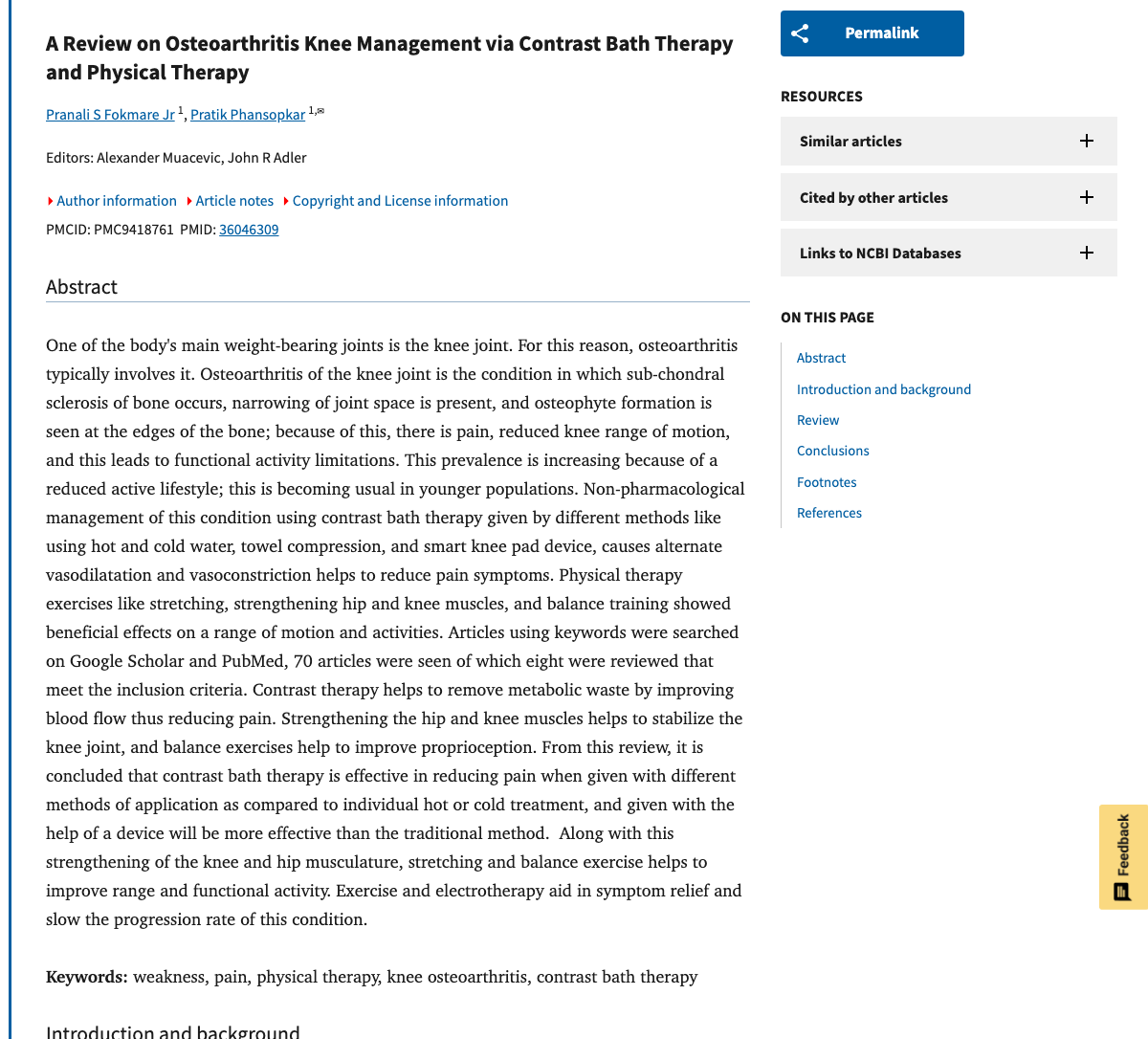 Title and abstract of A Review on Osteoarthritis Knee Management via Contrast Bath Therapy and Physical Therapy.