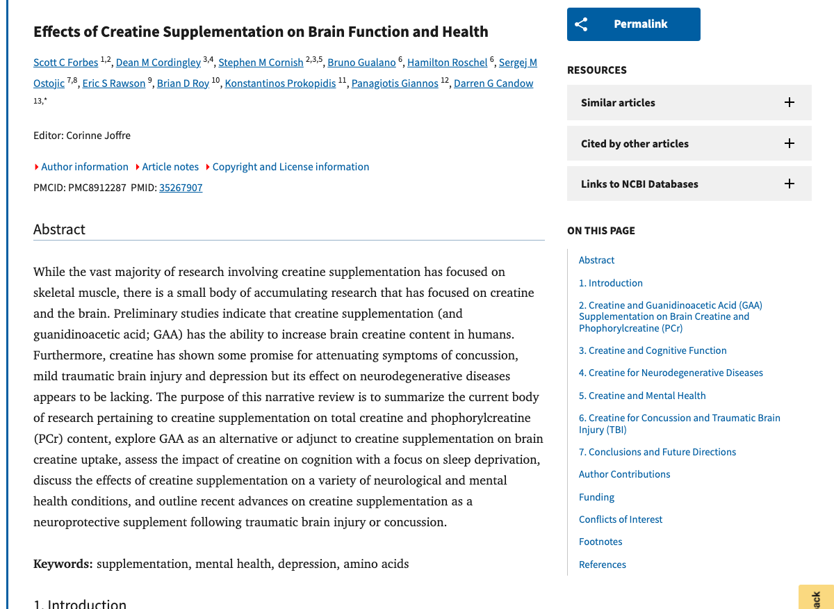 Title and abstract of Effects of Creatine Supplementation on Brain Function and Health