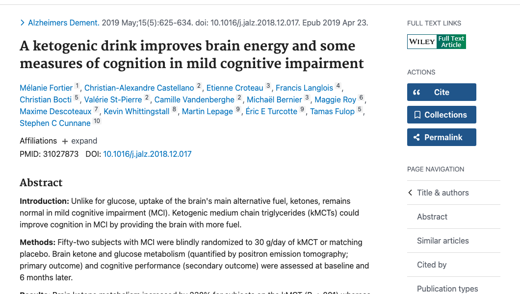Title and abstract of A ketogenic drink improves brain energy and some measures of cognition in mild cognitive impairment