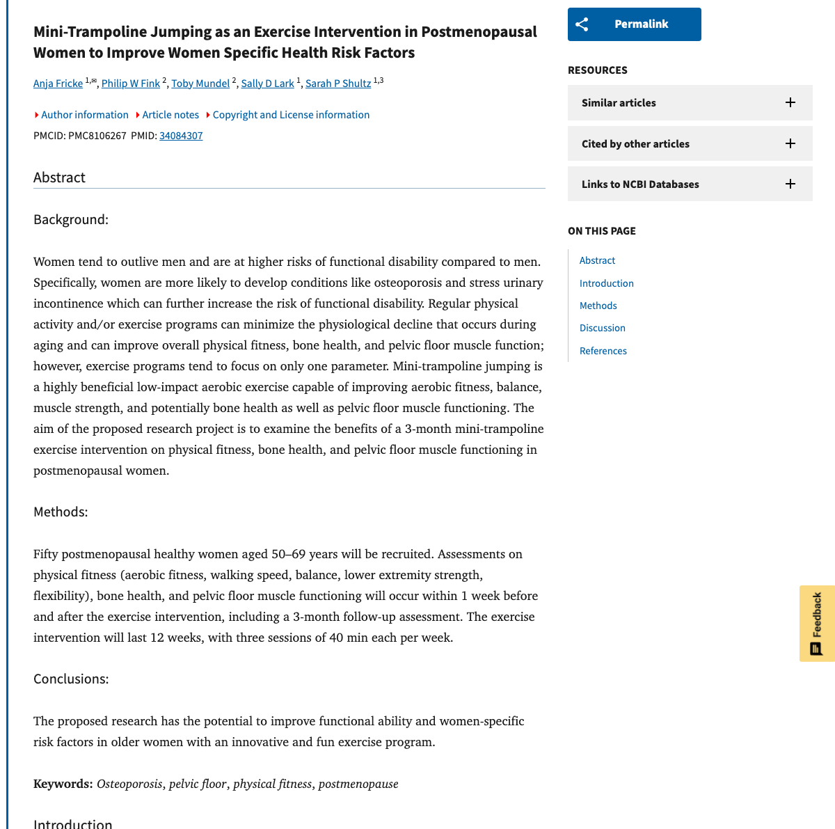 Title and abstract of Mini-Trampoline Jumping as an Exercise Intervention in Postmenopausal Women to Improve Women Specific Health Risk Factors.