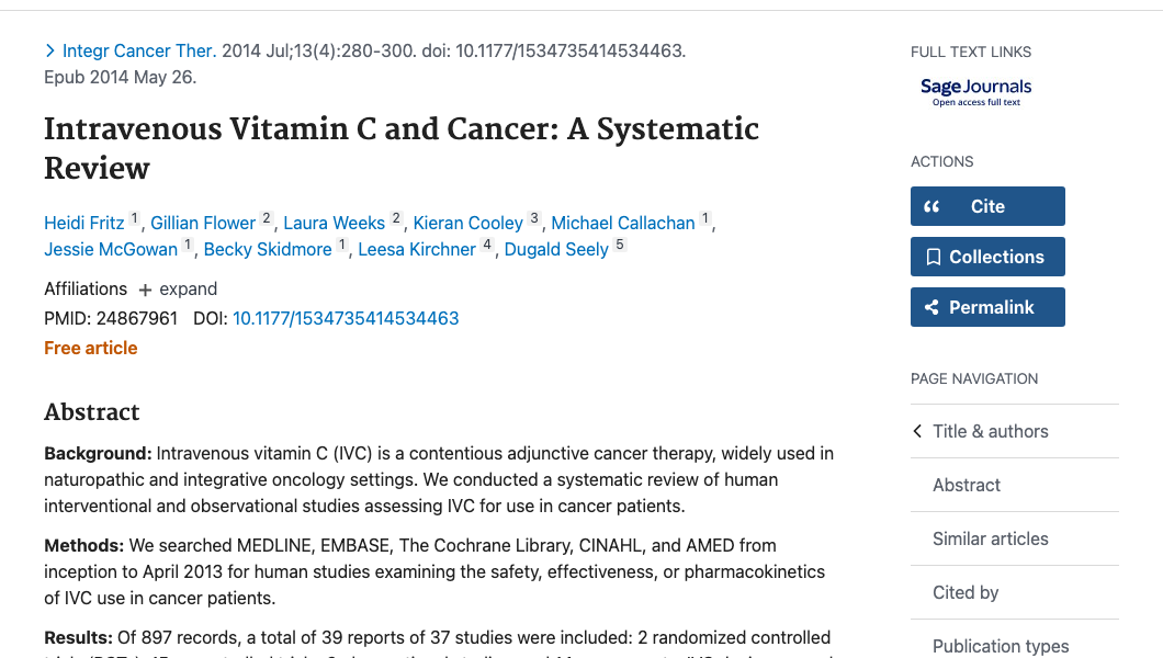 Title and abstract of Intravenous Vitamin C and Cancer: A Systematic Review.