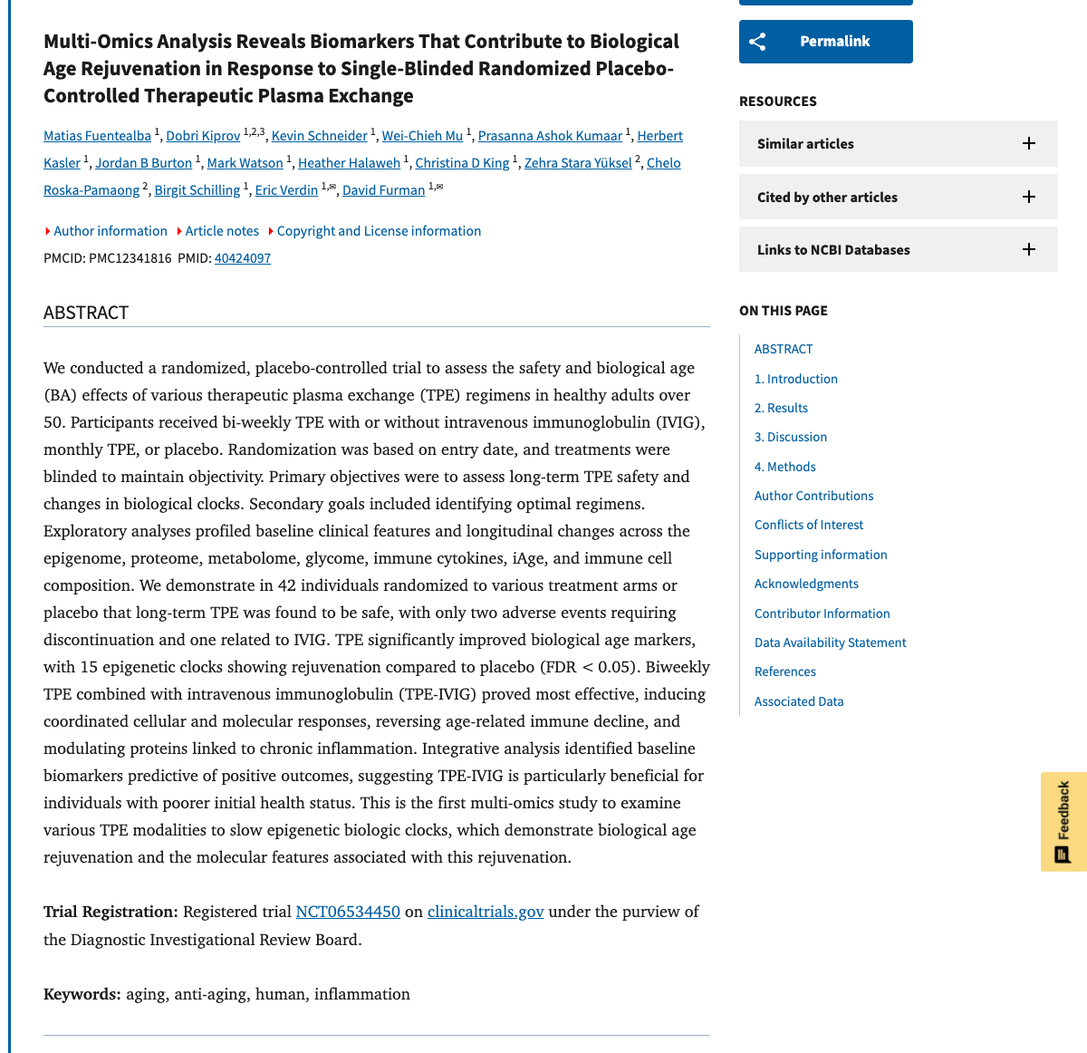 Title and abstract of Multi-Omics Analysis Reveals Biomarkers That Contribute to Biological Age Rejuvenation in Response to Therapeutic Plasma Exchange
