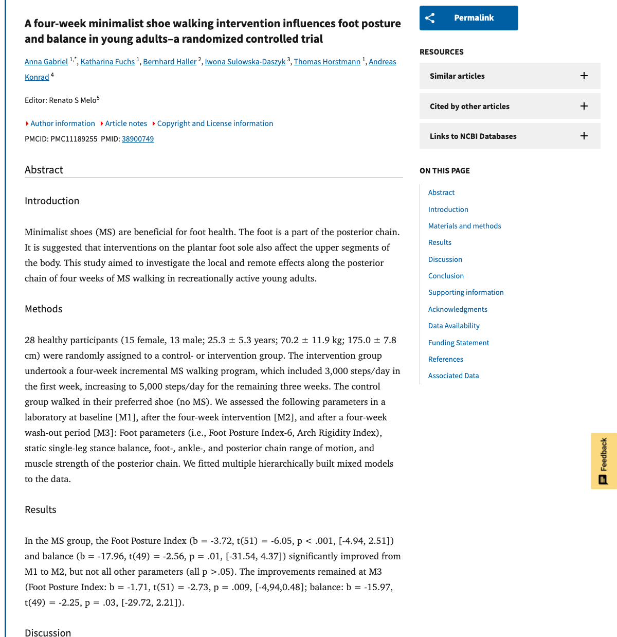 Title and abstract of A four-week minimalist shoe walking intervention influences foot posture and balance in young adults-a randomized controlled trial.