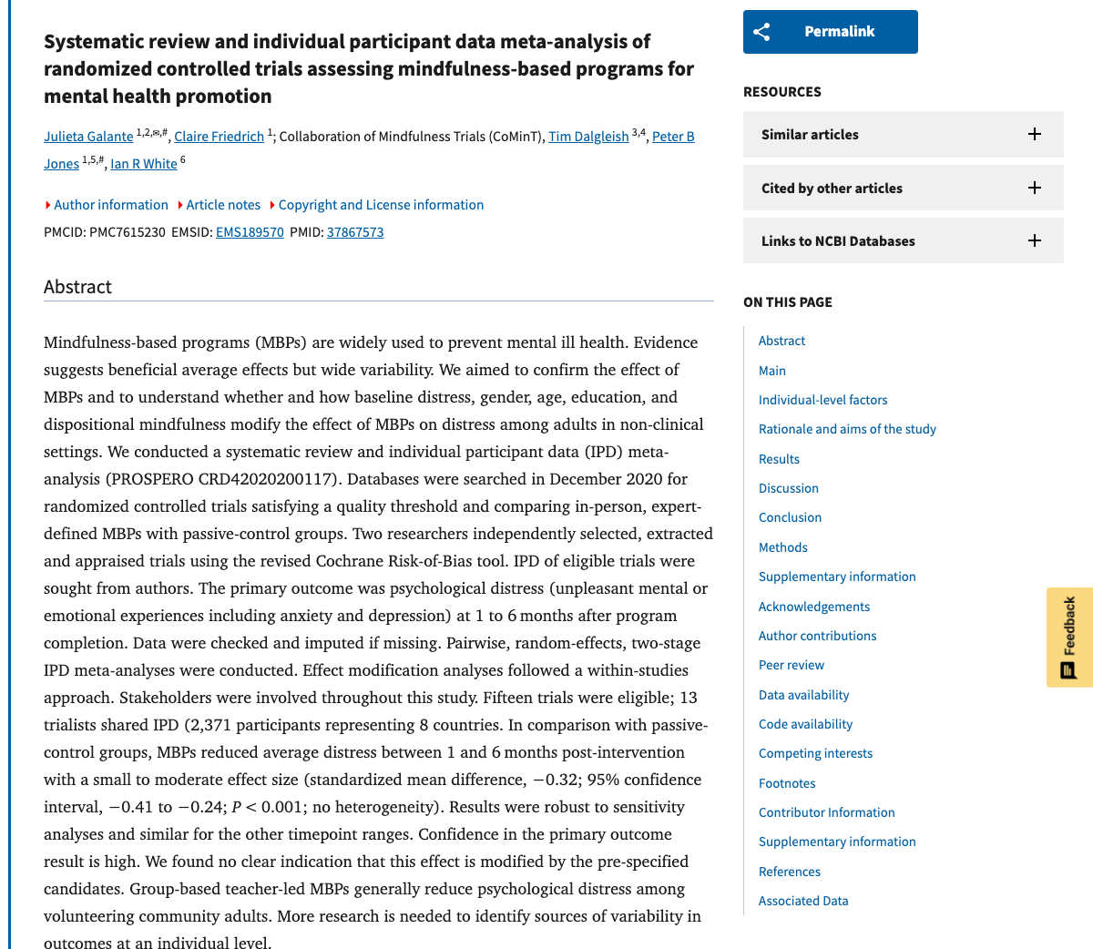 Title and abstract of Individual participant data systematic review and meta-analysis of randomised controlled trials assessing adult mindfulness-based programmes for mental health promotion in non-clinical settings.