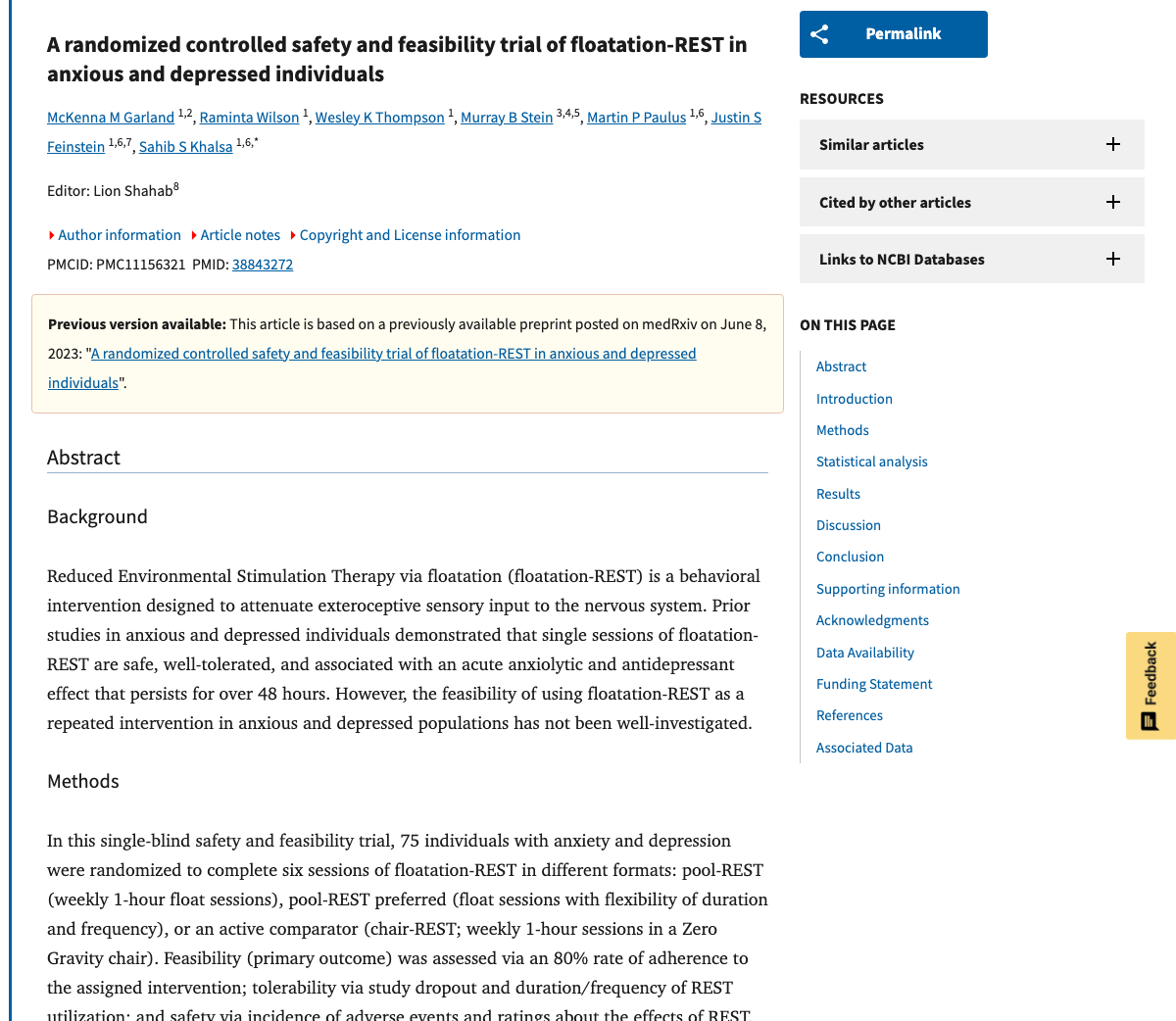 Title and abstract of A randomized controlled safety and feasibility trial of floatation-REST in anxious and depressed individuals.
