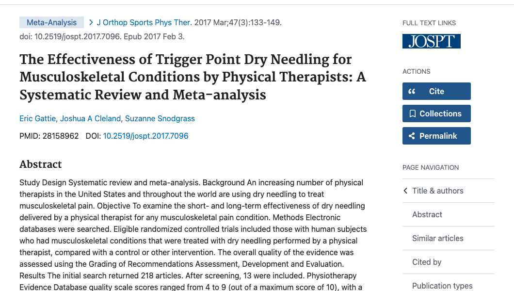 Title and abstract of The effectiveness of trigger point dry needling for musculoskeletal conditions by physical therapists: a systematic review and meta-analysis