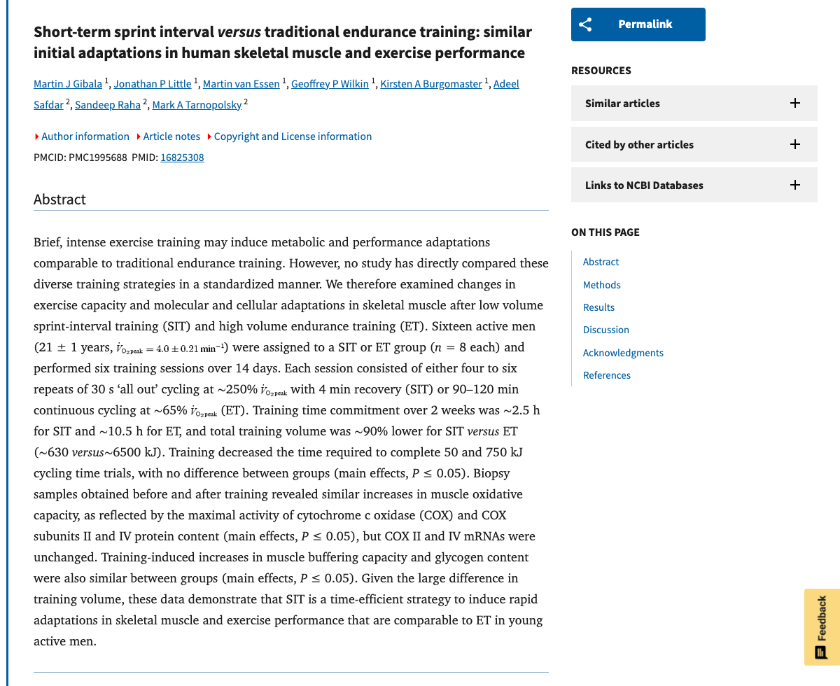 Title and abstract of Short-term sprint interval versus traditional endurance training: similar initial adaptations in human skeletal muscle and exercise performance