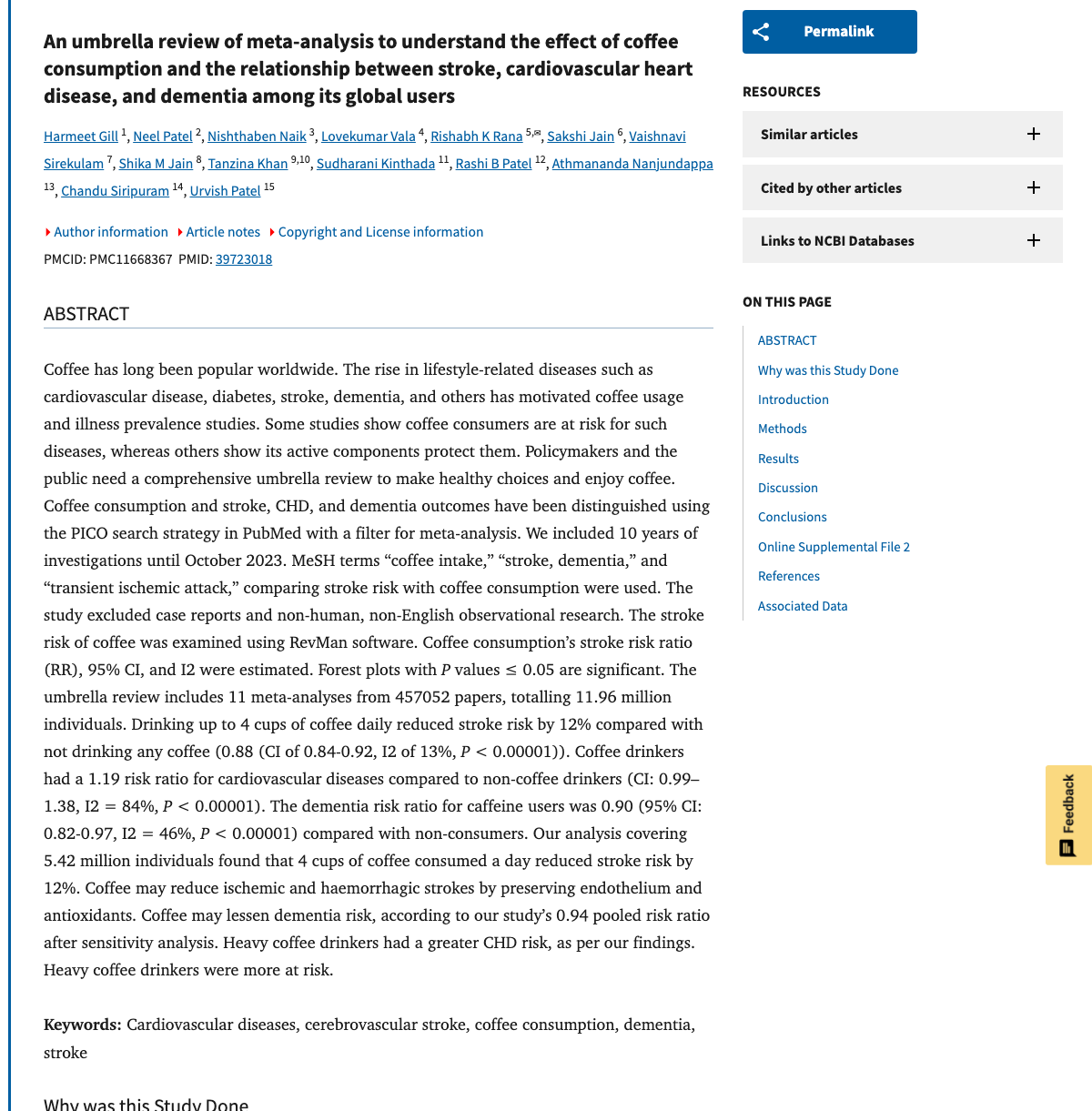 Title and abstract of An umbrella review of meta-analysis to understand the effect of coffee consumption and the relationship between stroke, cardiovascular heart disease, and dementia among its global users.