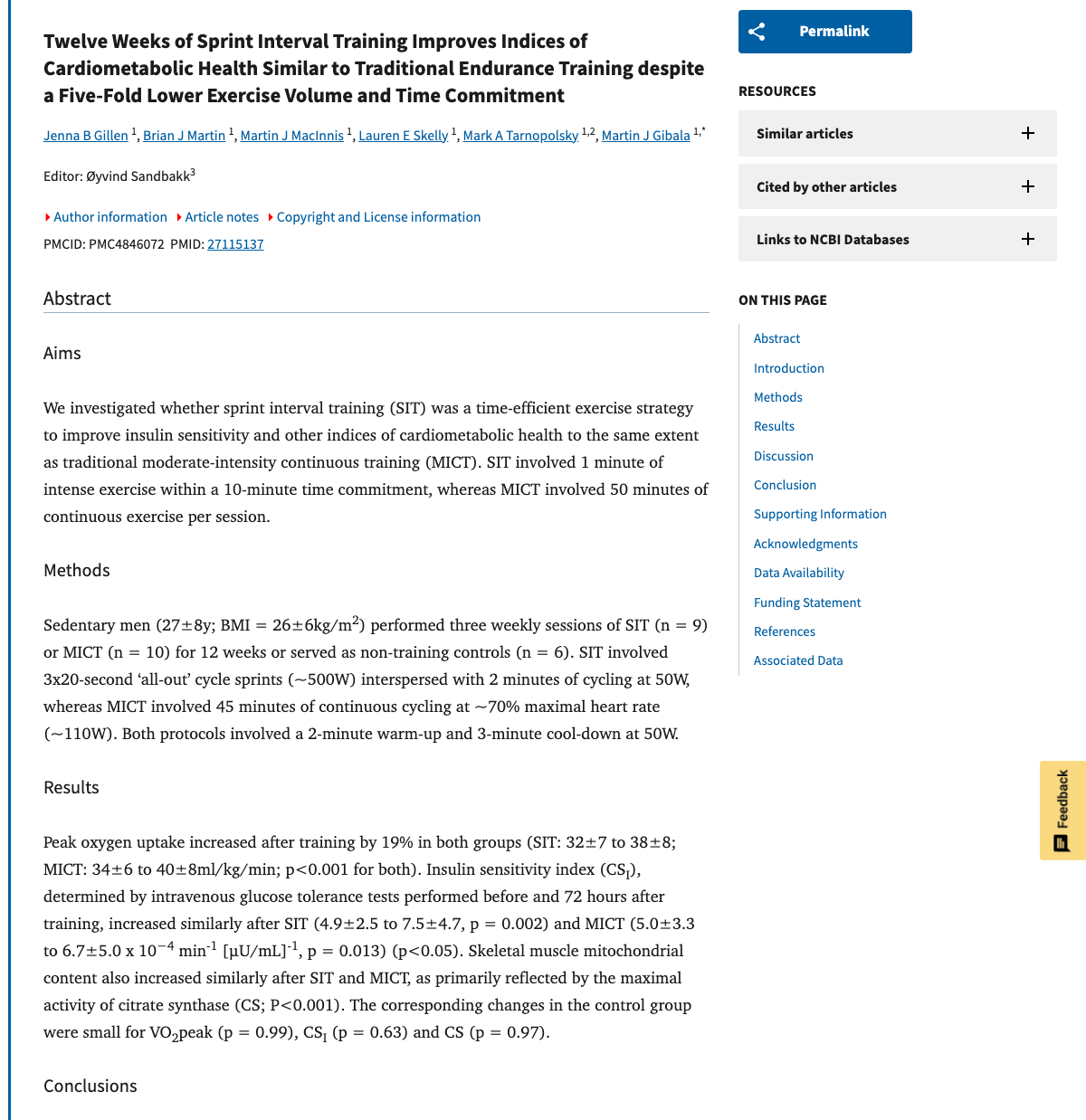Title and abstract of Twelve Weeks of Sprint Interval Training Improves Indices of Cardiometabolic Health Similar to Traditional Endurance Training despite a Five-Fold Lower Exercise Volume and Time Commitment