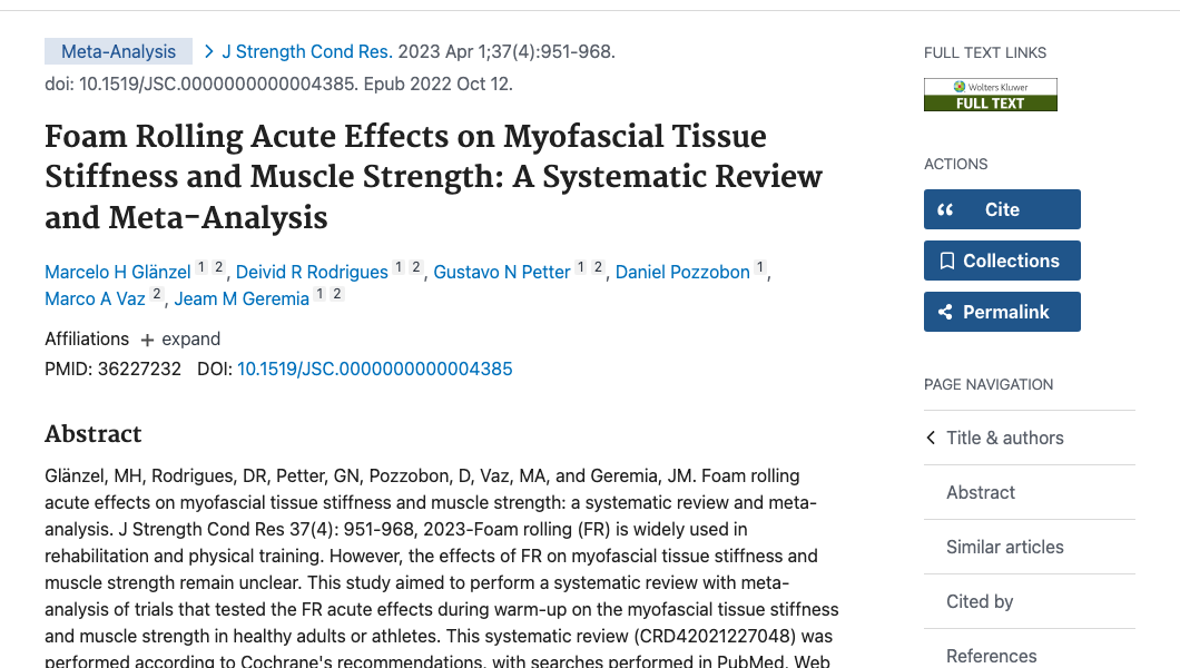 Title and abstract of Foam Rolling Acute Effects on Myofascial Tissue Stiffness and Muscle Strength: A Systematic Review and Meta-Analysis.