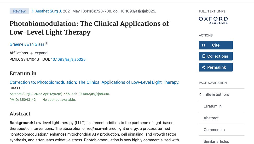 Title and abstract of Photobiomodulation: The Clinical Applications of Low-Level Light Therapy.