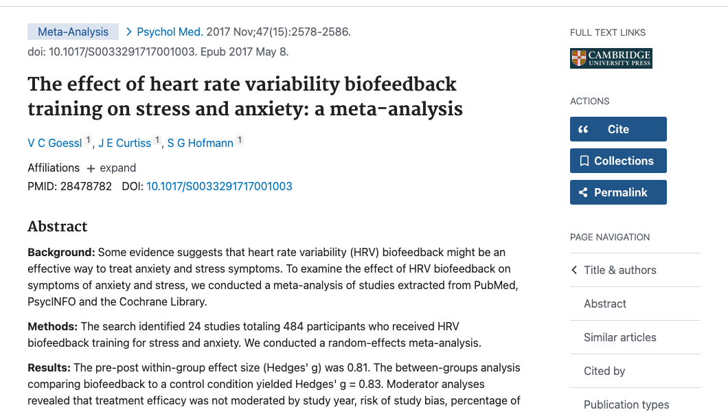 Title and abstract of The effect of heart rate variability biofeedback training on stress and anxiety: a meta-analysis.