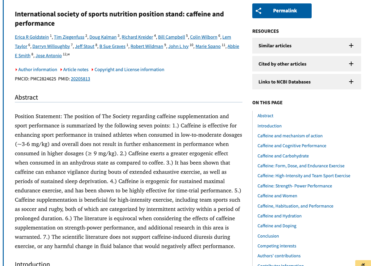 Title and abstract of International Society of Sports Nutrition position stand - Caffeine and performance