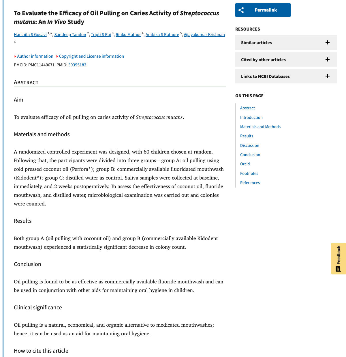 Title and abstract of To Evaluate the Efficacy of Oil Pulling on Caries Activity of Streptococcus mutans in Children: A Randomized Controlled Trial.