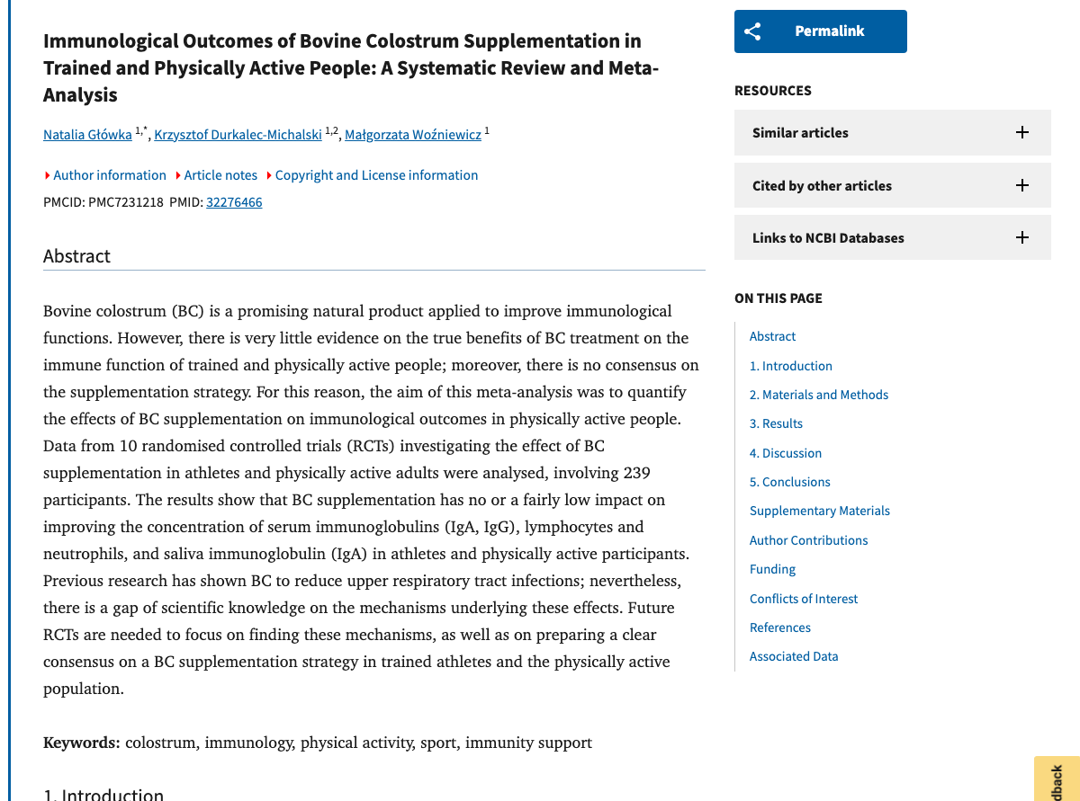 Title and abstract of Immunological Outcomes of Bovine Colostrum Supplementation in Trained and Physically Active People: A Systematic Review and Meta-Analysis.