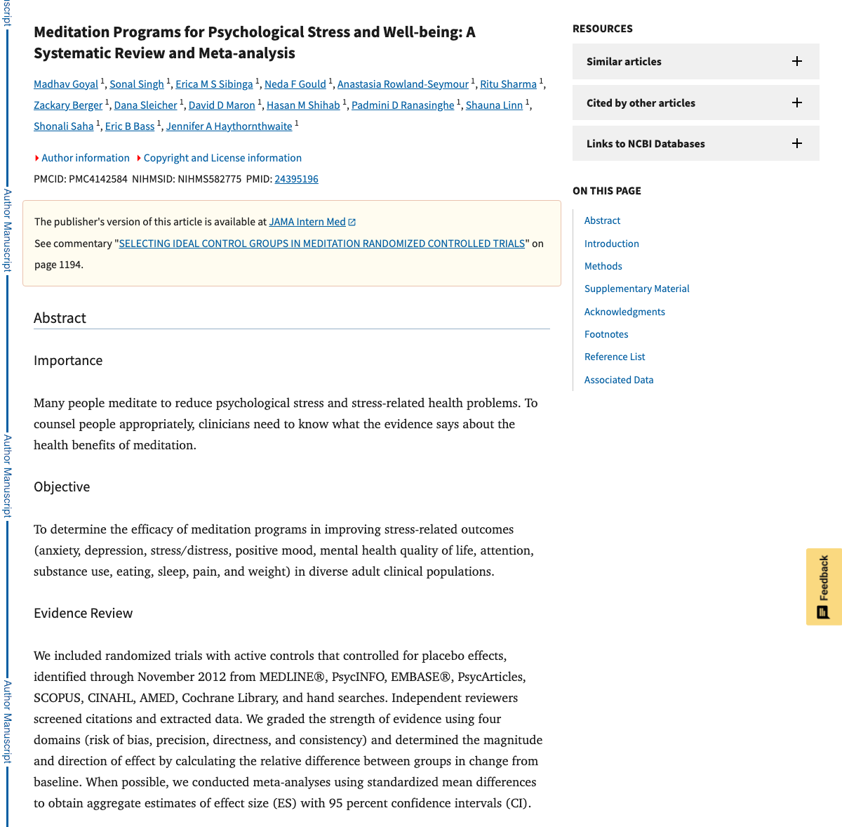 Title and abstract of Meditation programs for psychological stress and well-being: a systematic review and meta-analysis