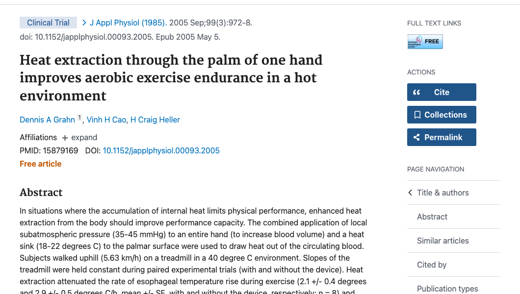 Title and abstract of Heat extraction through the palm of one hand improves aerobic exercise endurance in a hot environment.