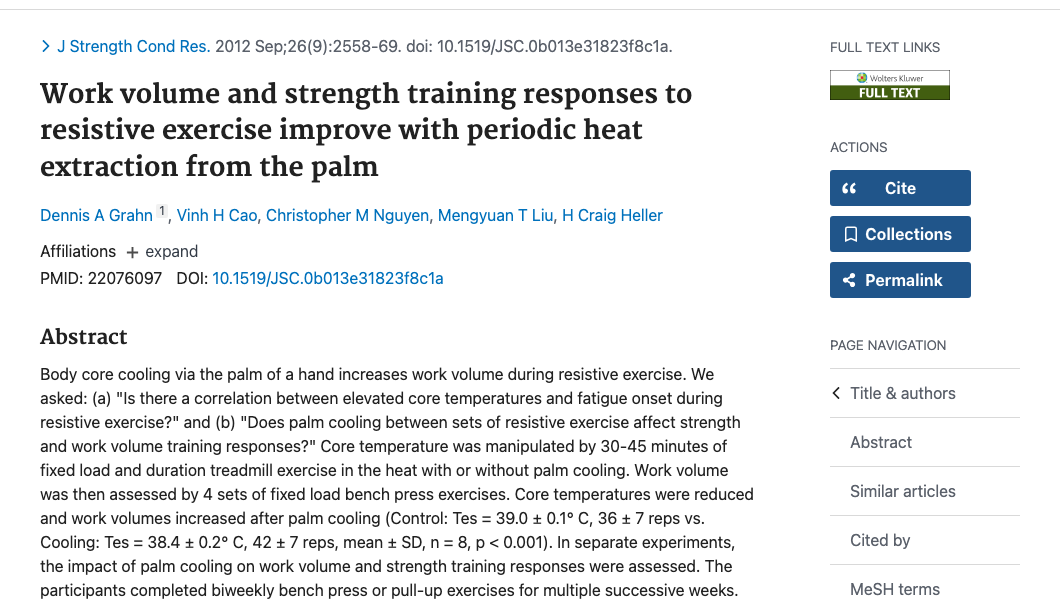 Title and abstract of Work volume and strength training responses to resistive exercise improve with periodic heat extraction from the palm