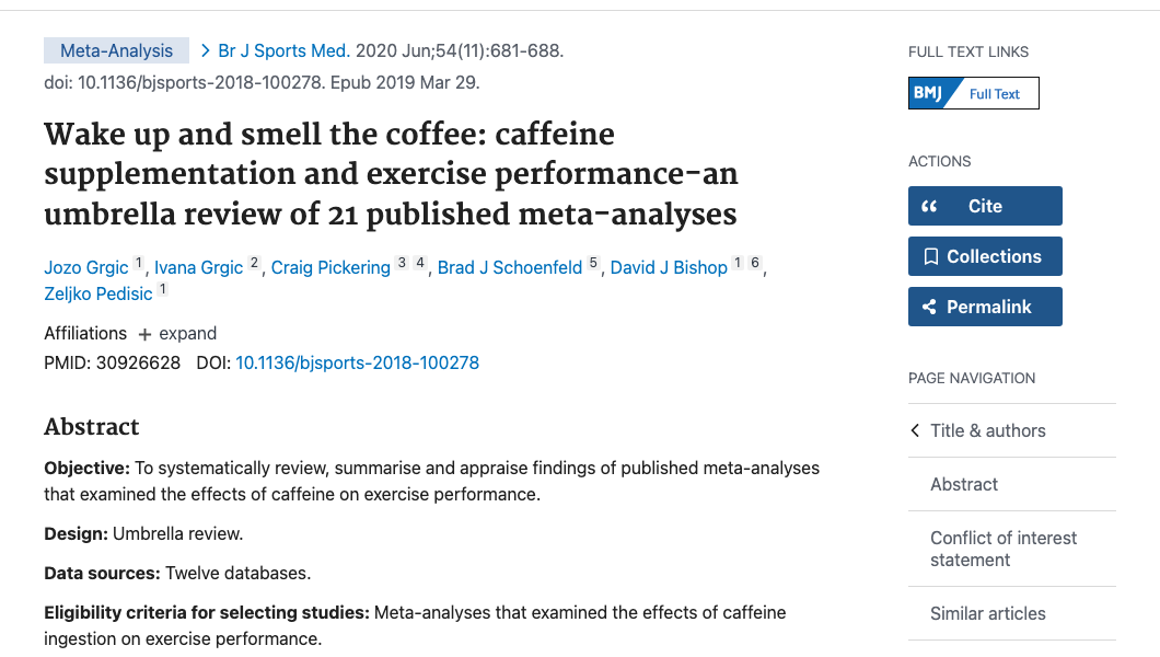 Title and abstract of Wake up and smell the coffee - Caffeine supplementation and exercise performance