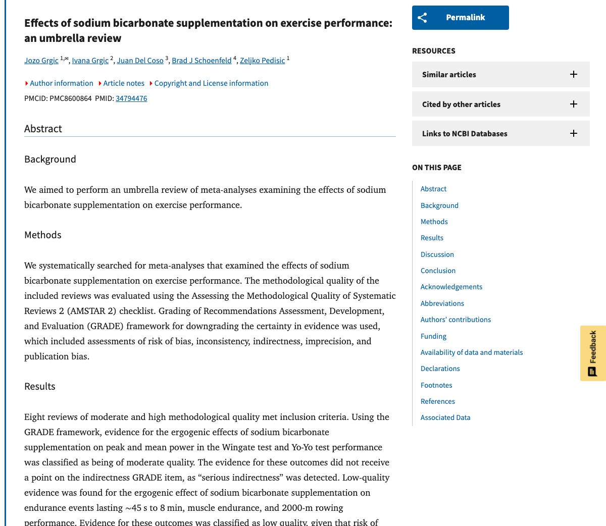 Title and abstract of Effects of sodium bicarbonate supplementation on exercise performance: an umbrella review.