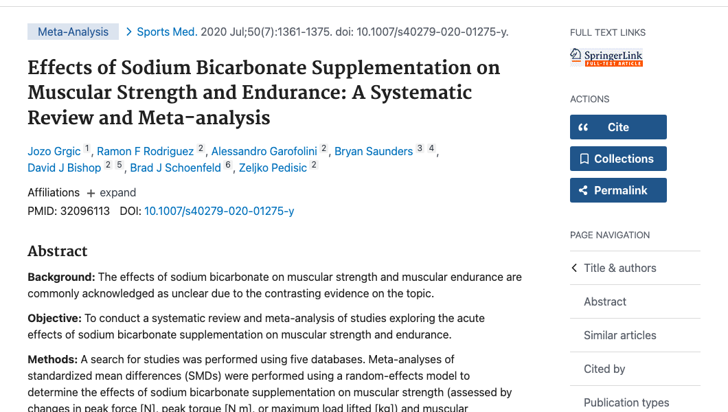 Title and abstract of Effects of Sodium Bicarbonate Supplementation on Muscular Strength and Endurance: A Systematic Review and Meta-analysis