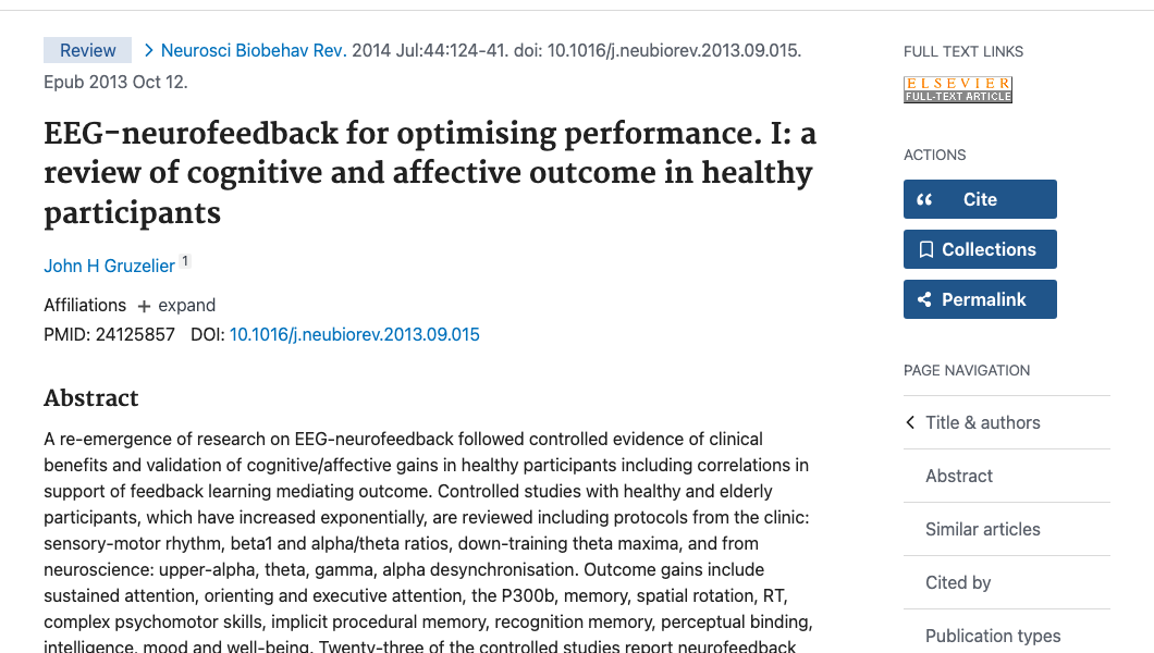 Title and abstract of EEG-neurofeedback for optimising performance. I: a review of cognitive and affective outcome in healthy participants