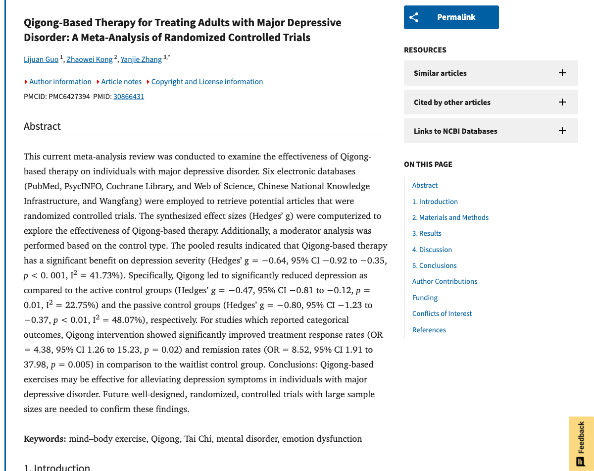 Title and abstract of Qigong-Based Therapy for Treating Adults with Major Depressive Disorder: A Meta-Analysis of Randomized Controlled Trials.
