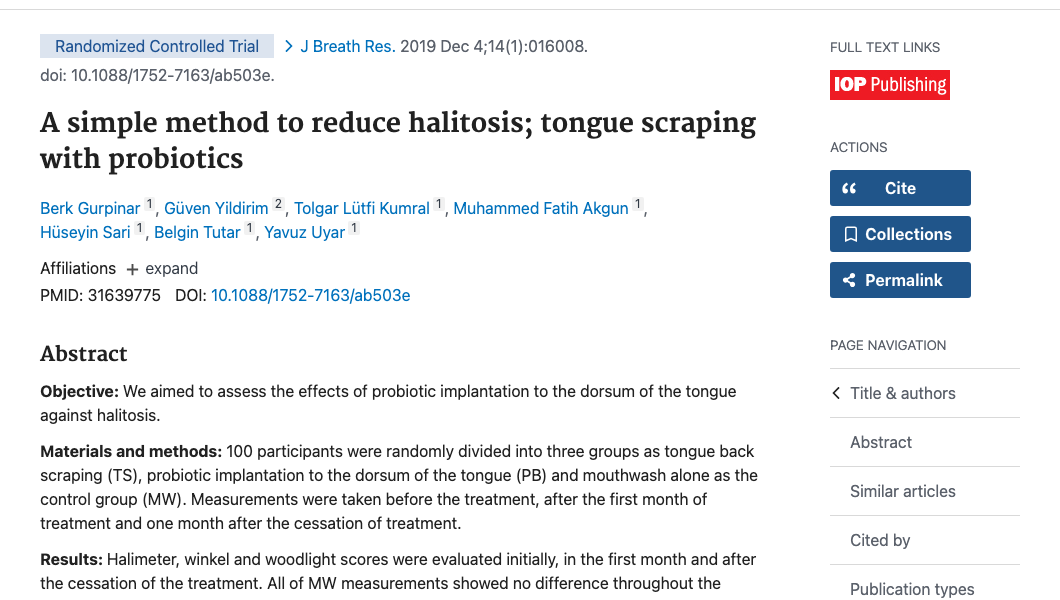 Title and abstract of A simple method to reduce halitosis; tongue scraping with probiotics.