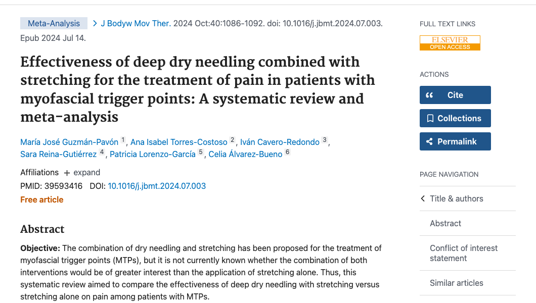 Title and abstract of Effectiveness of deep dry needling combined with stretching for the treatment of pain in patients with myofascial trigger points: A systematic review and meta-analysis.