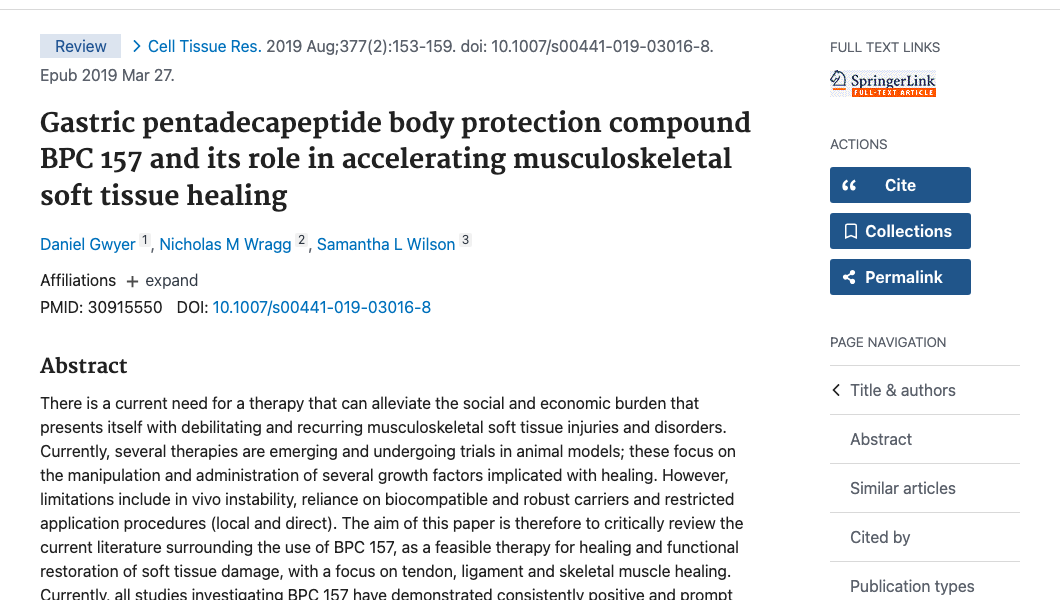 Title and abstract of Gastric pentadecapeptide body protection compound BPC 157 and its role in accelerating musculoskeletal soft tissue healing.