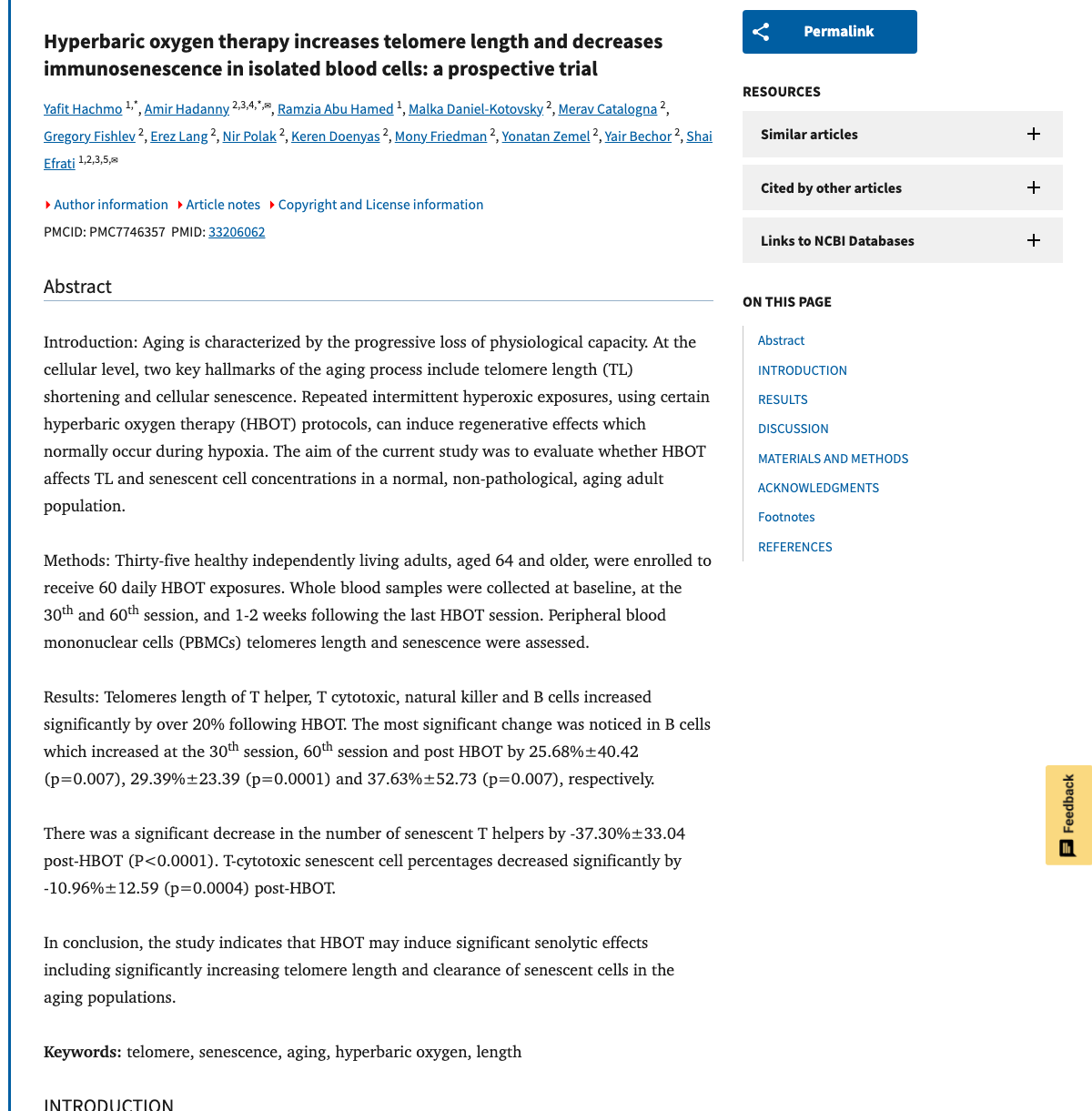 Title and abstract of Hyperbaric oxygen therapy increases telomere length and decreases immunosenescence in isolated blood cells
