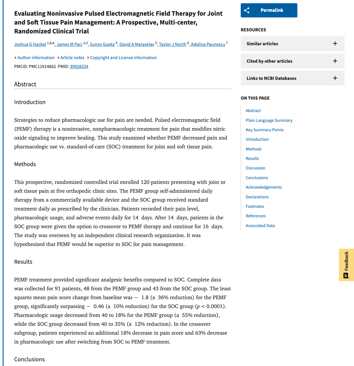 Title and abstract of Evaluating Noninvasive Pulsed Electromagnetic Field Therapy for Joint and Soft Tissue Pain Management: A Prospective, Multi-center, Randomized Clinical Trial.